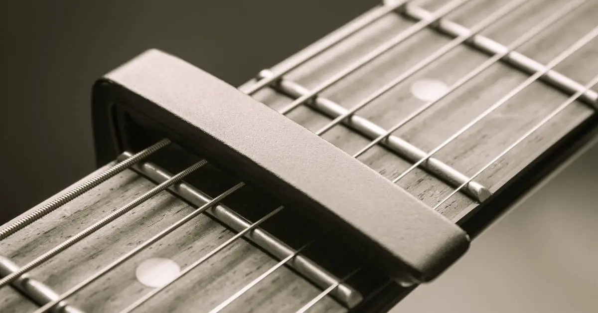 guitar fretboard with capo over the strings