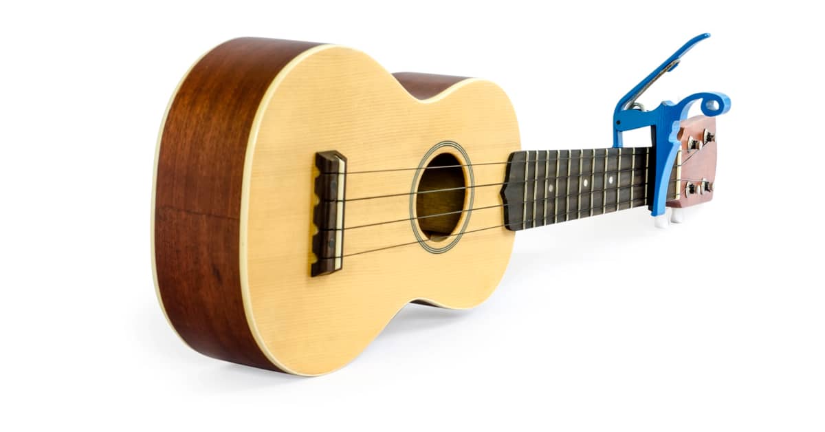 ukulele with capo on with whitebackground